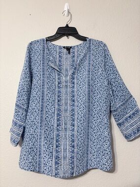 Nic + Zoe Silk Viscose Blend Blue Printed Split-Neck Tunic Top - Casual Tunic M